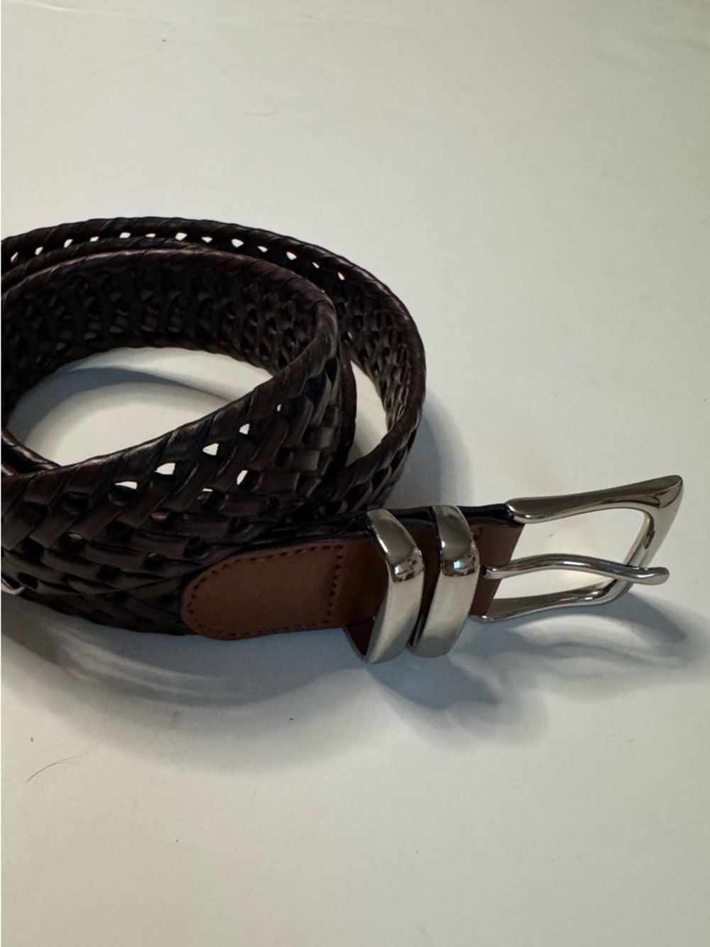 Perry Ellis Woven Dark Brown Leather Belt with Silver Buckle